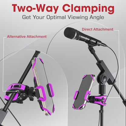 Crescendo CR-30 SlimClip Mic Stand Phone Holder, iPhone Clamp Mount, Pole Phone Mount, Microphone, Music or Drum Stand, Mic/Phone Clip - for iPhone, Samsung Galaxy, Pixel, Any Smartphone (Purple) - color: Purple
