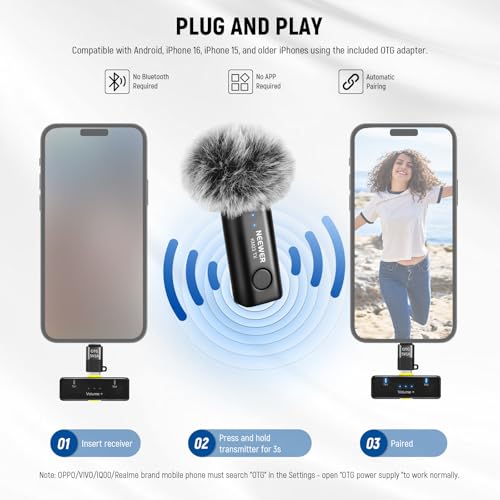 NEEWER Wireless Lavalier Microphone System for USB C, Compatible with iPhone 16 15 Samsung Android Phones, Noise Cancelling Mini Lav Omnidirectional Condenser Mic for Vlogging Live Streaming, KM23