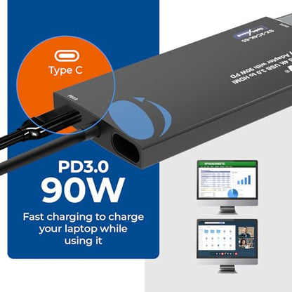 OREI SplitExtend 4K HDMI Splitter Extended Display for Dual Monitor - Multi-Monitor Display 3 Separate Screens - USB A & USB-C Adapter to HDMI 2.0, 4K@60hz, 90W PD Charger, DisplayLink MacOS, Windows | Multi-Monitor Display 3 Separate Screens - USB A & US