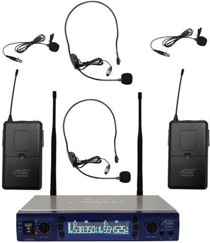 AUDIO 2000'S 6952UMH Battery-Powered UHF 200-Freq Wireless System with 1 Dual-Chan Wireless Receiver, 2 Wireless Body-Pack Transmitters, 2 Headset Microphones, and 2 Lavalier Microphones