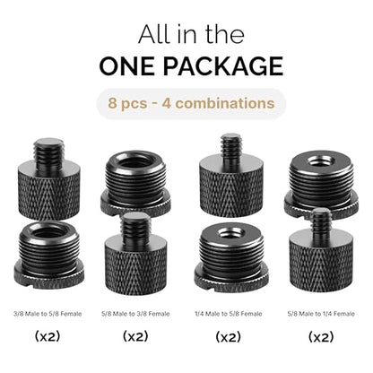 Mic Stand Adapter Set 8 pieces Metal Microphone Stand Screw Thread Adapter 5/8 Female to 3/8 Male 3/8 Female to 5/8 Male 5/8 Female to 1/4 Male 1/4 Female to 5/8 Male Tripod Adapter ADP02 Black - color: Black