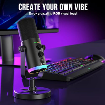 Dynamic Microphone, USB-C/XLR Podcast Recording PC Microphone for Podcast Recording Streaming Gaming with RGB Light, Mute Button, Desktop Stand, Headphones Jack, Vocal Mic for Singing Tiktok YouTube