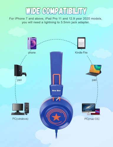 New Bee 2 Pack Kids Headphones with Microphone, Safe Volume Limited | Foldable Wired Toddler Headphones Over Ear for School Travel Mac/Android/Kindle/Tablet/Pad - color: Blue Green-2 Pack, size: wired