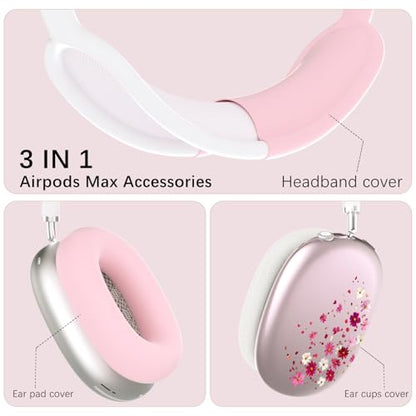 Headphone Cover for AirPods Max, Girly Cute Clear Ear Cups Covers, Pink Silicone Ear Pad Case Headband Cover for Apple AirPods Max (2024/2020), Pink Petals - color: Pink Petals-Pink