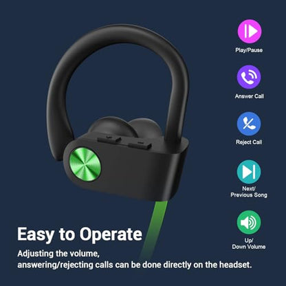 Bluetooth 5.3 Headphones, Wireless Sports In-Ear Earbuds IPX7 Waterproof | 16 Hours Playtime, Sweatproof Stereo Earphones with MIC, Noise Cancelling Headsets for Gym Running Workout, Clear Sound - color: Green