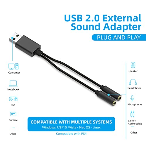 USB to Dual 3.5mm Audio Jack Adapter, Mic-Supported Headphone Adapter for Two Headphones, Speakers to Laptop, with 3-Pole 3.5mm Jack Audio Cables (20cm&100cm) [3 Pack], Black