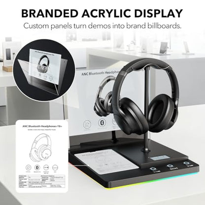 1Mii DemoStation B3+ Bluetooth Audio Demo Stand for Dual Headphones Display | Headset stand for Gaming, Retail Store and Trade Show, RGB Lighting Acrylic Desk Holder with USB-C Charging/Optical/3.5mm AUX