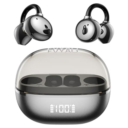 Open Ear Clip on Earbuds Bluetooth Headphones Wireless Ear Buds | Bluetooth 5.4 LED Digital Display IPX5 Waterproof HiFi Stereo 36H Playtime Comfortable Lightweight - color: Black