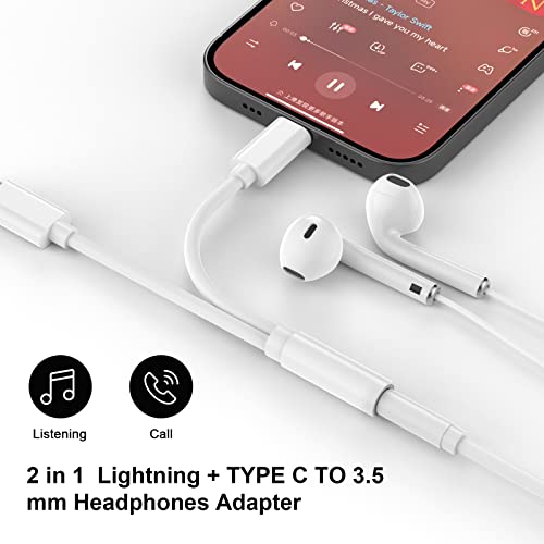 Lightning to 3.5 mm Headphone Jack Adapter,[MFi Certified] iPhone Headphones Aux Audio Dongle+USB Type C to 3.5 mm Jack Female Adapter for iPhone 17 16 15 14 13 Pro Max 12 11 XS XR 8 7 S23 S22 | Aux Audio Dongle+USB Type C to 3.5 mm Jack Female Adapter fo