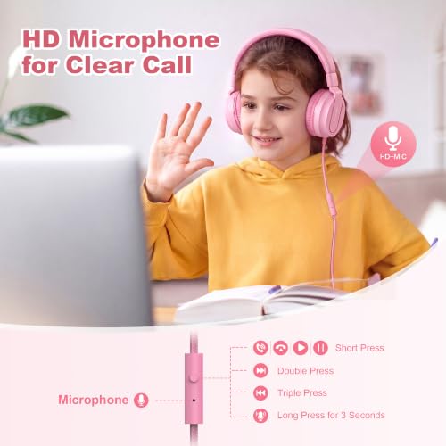 AILIHEN I35 Kids Headphones for School with Mic, 93dB Volume, Rose Pink | Wired On Ear Headphones for Kids Girls, Foldable Lightweight Headphone for Classroom Learning & Entertainment Travel Computer - color: Rose Pink