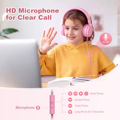 AILIHEN I35 Kids Headphones for School with Mic, 93dB Volume, Rose Pink | Wired On Ear Headphones for Kids Girls, Foldable Lightweight Headphone for Classroom Learning & Entertainment Travel Computer - color: Rose Pink