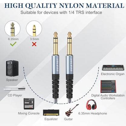 JOLGOO 1/4 Inch TRS Instrument Cable 3.3 FT 2-Pack, Quarter inch Audio Cable, 6.35 Balanced Interconnect Line for Electric Guitar, Bass, Keyboard, Mixer, Amplifier, Speaker, Electric Mandolin - color: Grey, size: 3.3 Feet, style: TRS Cable 2-Pack