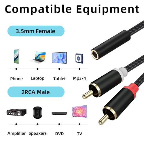 3.5mm Female to 2 RCA Male Stereo Cable, 3.5mm to RCA Bi-Directional AUX Auxiliary Y Cable Gold Plated Adapter Compatible for TV,Smartphones, MP3, Tablets, Speakers,Home Theater - size: 0.35M/1.1FT