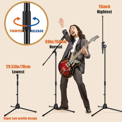 Tellegloww 4 Pcs Microphone Stand Tripod Boom Arm Floor Podium Studio Mic Stand Adjustable Height 75 Inches, Extends Arm to 27 Inches Comes with 3/8 Inch and 5/8 Inch Mount Adapters for Singing