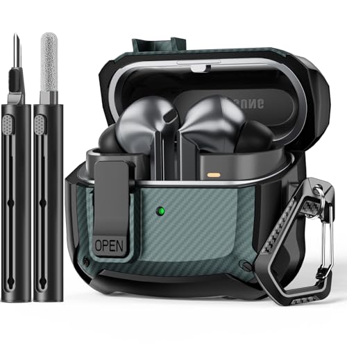 Safety Lock Case for Samsung Galaxy Buds3 FE/Pro/3 (Green) | Carbon fibre texture Design,with Cleaning Kit & Keychain,Mecha Protective Case - color: A-green