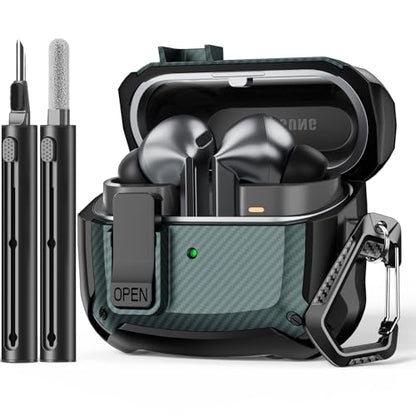 Safety Lock Case for Samsung Galaxy Buds3 FE/Pro/3 (Green) | Carbon fibre texture Design,with Cleaning Kit & Keychain,Mecha Protective Case - color: A-green