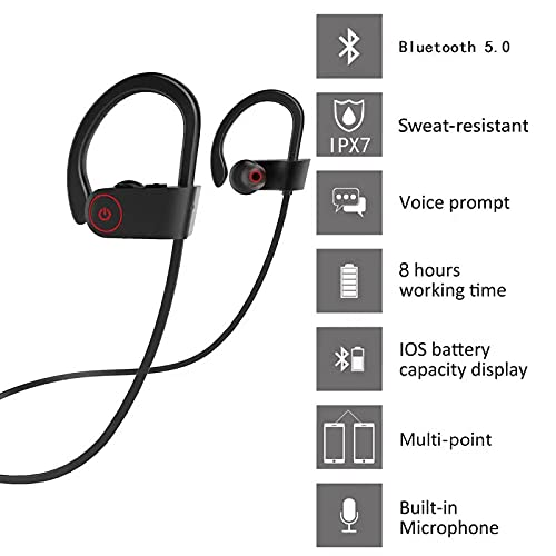 IPX7 Waterproof Wireless Headset Sports Bass Wireless Bluetooth 5.0 Earphones Hanging Ear with Microphone (Red) - color: Red