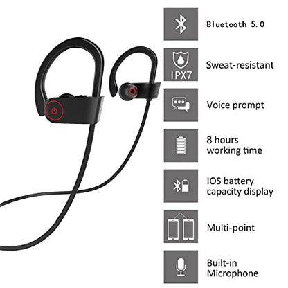 IPX7 Waterproof Wireless Headset Sports Bass Wireless Bluetooth 5.0 Earphones Hanging Ear with Microphone (Black) - color: Black
