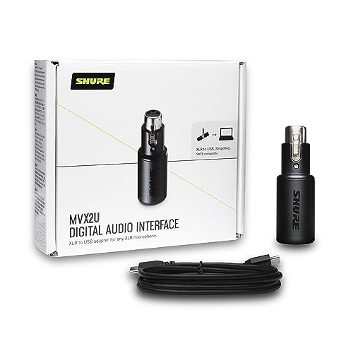 Shure MVX2U XLR-to-USB Audio Interface with Headphone Jack | XLR-to-USB interface with 60dB preamp, zero-latency monitoring, 48V phantom power and 1m USB-C cable