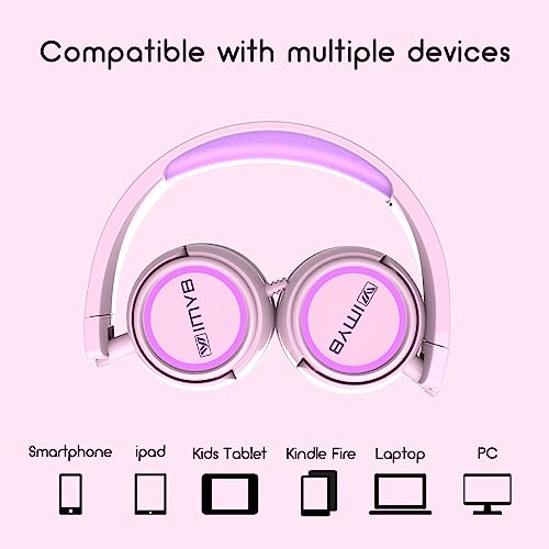 IMYB Kids Headphones, V1 Wired Stereo Foldable Tangle-Free 3.5mm Adjustable On-Ear Headphones for Kids for School/Toddlers/Childrens/Teens/Boys/Girls/Ipad/Tablet/Kindle/Phones/Travel/Plane (Pink) - color: Pink