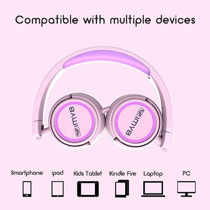 IMYB Kids Headphones, V1 Wired Stereo Foldable Tangle-Free 3.5mm Adjustable On-Ear Headphones for Kids for School/Toddlers/Childrens/Teens/Boys/Girls/Ipad/Tablet/Kindle/Phones/Travel/Plane (Pink) - color: Pink