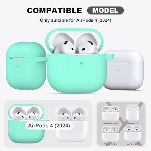 for AirPods 4th Case Cover with Cleaner Kit, Soft Skin Silicone Case Cover with Keychain, Full Protective Case for Men and Women, Compatible with Apple Latest AirPods 4 Case 2024, Mint Green - color: C Mint Green