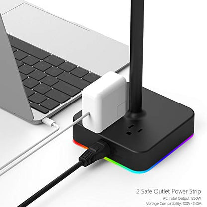 KAFRI RGB Dual Headphone Stand with USB C Charger Desk Gaming Double Headset Holder Hanger Rack with 3 USB Charging Port and 2 Outlet - Suitable for Gamer Desktop Table Game Earphone Accessories Gift - color: B-DUAL STAND