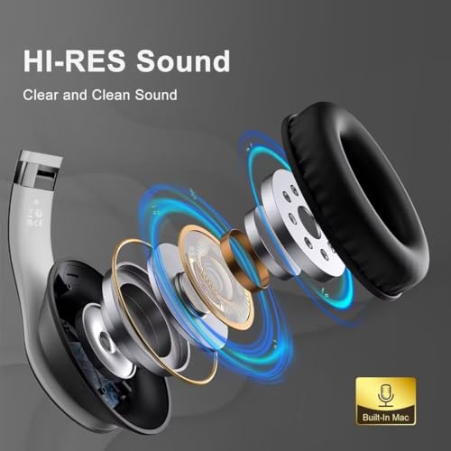 Wireless Bluetooth Headphones Over Ear V6.0 HiFi Stereo with Mic | 65H Playtime 6EQ Modes Foldable Bluetooth Headset with Microphone for Travel Smartphone Computer Laptop Grey - color: Grey