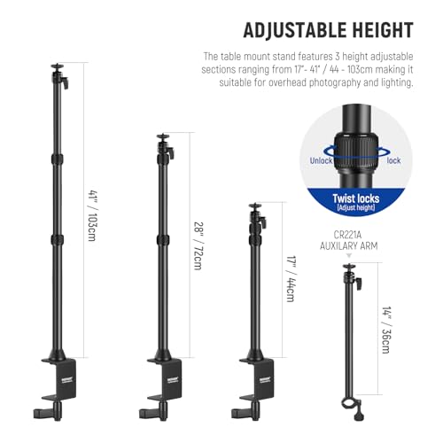 NEEWER Camera Desk Mount with Overhead C Amera Mounting Arm and 1/4" Ball Head, 17" - 41" Adjustable Tabletop Light Stand with C Clamp for DSLR Camera, Ring Light, Webcam, Photo Video Shooting - style: TL253A+CR221A