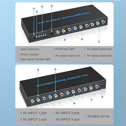 DC 5V 1A AV RCA Switcher 4 in 3 Out RCA Splitter with 4-Way Audio Composite Video L/R Stereo Audio AV Selector Box