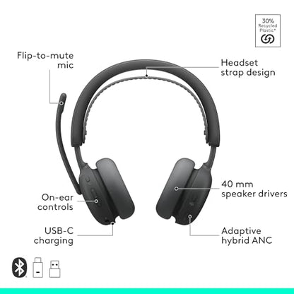 Logitech Zone Wireless 2 ES for Business Headset - Teams - Graphite | Adaptive Hybrid ANC, Bluetooth, USB-C & USB-A, Microsoft Teams Certified, ideal for Business, Noise-Canceling - color: Graphite, style: Wireless 2 ES