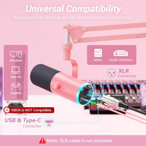 TONOR Dynamic Gaming Microphone XLR/USB Mic with AI Noise Cancellation - color: Pink