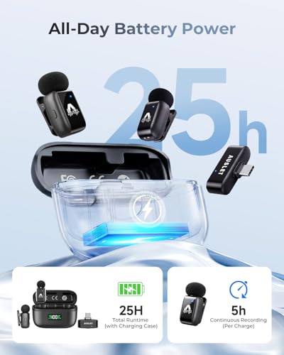 Wireless Lavalier Microphone for iPhone & Android, Mini Clip-On Lapel Mic with 25H Charging Case, AI Noise Reduction, 3 Voice Modes for Vlogging, TikTok & Live Streaming - size: 2TX + USB-C RX + Lightning Adapter + 1CC