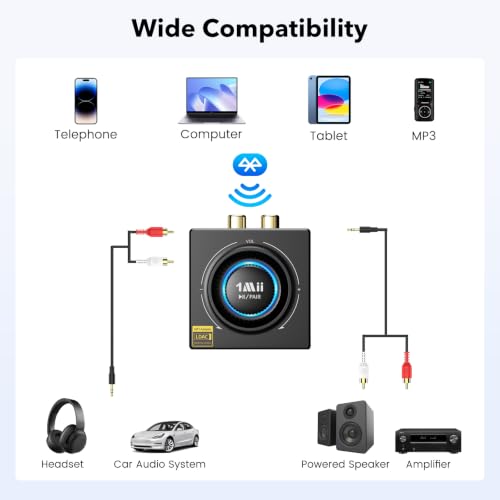 1Mii B06T3+ Bluetooth Receiver with LDAC for Home Stereo, Wired Speakers | Hi-Res Wireless Audio Adapter with aptX Low Latency & HD, Knob Volume Control, RCA/3.5mm AUX for Music Streaming