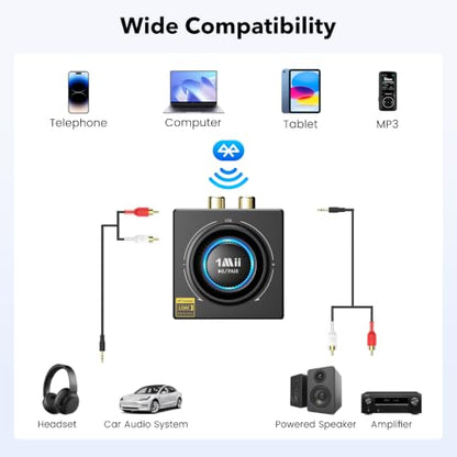 1Mii B06T3+ Bluetooth Receiver with LDAC for Home Stereo, Wired Speakers | Hi-Res Wireless Audio Adapter with aptX Low Latency & HD, Knob Volume Control, RCA/3.5mm AUX for Music Streaming