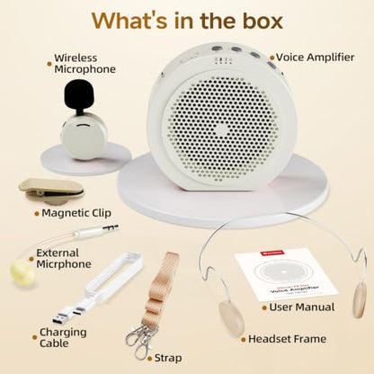 Moman Wireless Voice Amplifier with Lavalier Mic, 20H Battery 164ft Range Sensitive Pickup Noise Reduction PA System Bluetooth Portable Magnetic Charging Dock, Amplifier for Teacher Yoga Tour, White - color: White