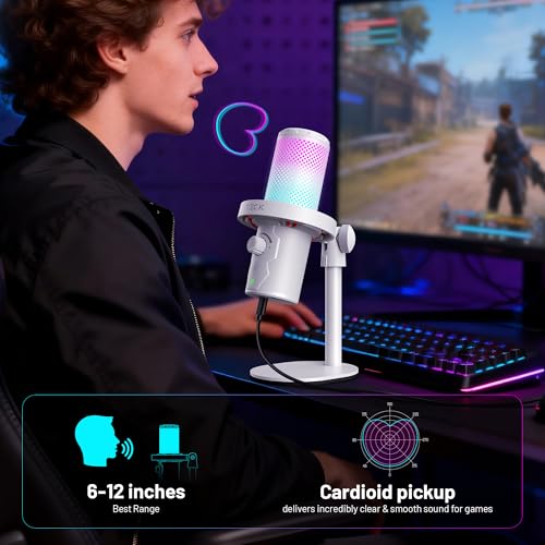 CMTECK USB 마이크, 스튜디오 품질, PC/노트북용 맞춤형 RGB 조명 | LED로 빠른 음소거, 플러그 앤 플레이, 노이즈 캔슬링. 3.5mm 제로 레이턴시 잭 및 게인. 팟캐스트, 스트리밍용 - color: 화이트.
