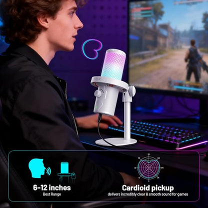 CMTECK USB 마이크, 스튜디오 품질, PC/노트북용 맞춤형 RGB 조명 | LED로 빠른 음소거, 플러그 앤 플레이, 노이즈 캔슬링. 3.5mm 제로 레이턴시 잭 및 게인. 팟캐스트, 스트리밍용 - color: 화이트.