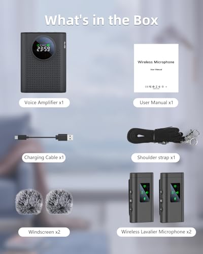 S67 Voice Amplifier Wireless Microphone Dual for Teachers Classroom Rechargeable, Mini Lavalier Lapel Mic, Portable Speaker PA System with LED Display for Class, Tour Guide, Coaches, Black - color: Black 2 Mics