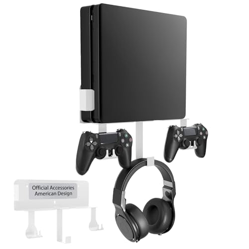 Wall Mount Kit with Detachable 2 Controller Holder & Headphone Hanger, Metal Wall Mount Stand Compatible with PlayStation 4 Slim - color: White