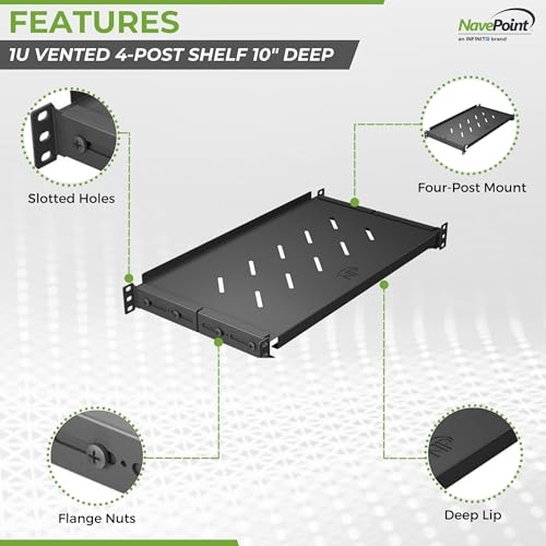 Vented 4-Post Shelf, Adjustable, Black, 250 mm Depth, 1U, 242 lbs, Cold Rolled Steel - size: 10" Deep