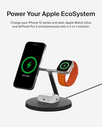 Belkin MagSafe 3 in 1 Wireless Charging Stand, 2nd Gen, 33% Faster | Apple Watch, iPhone 16/15/14, AirPods compatible, multi-device charging station, faster charging, Magnetic - color: Black, style: Chrome Finish