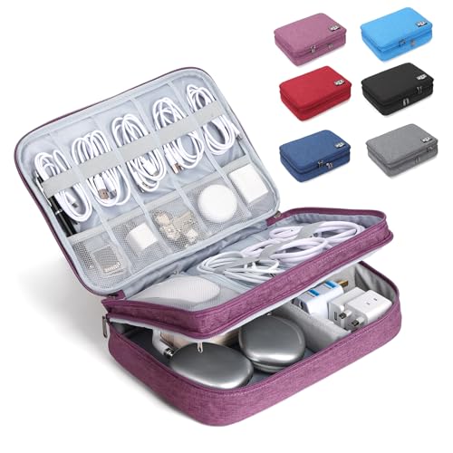 Electronic Organizer Travel Case, Double Layer Cable Organizer Bag | Double-layer design with adjustable dividers, mesh pockets and elastic loops for chargers, cables, power banks and gadgets - color: purple