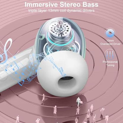 Wireless Earbuds, Bluetooth 5.4 Headphones, in-Ear Earphones with 4 ENC Mics Deep Bass Stereo, 40H Playtime LED Display Mini Charging Case Ear Buds, IP7 Waterproof Wireless Headphones for Android iOS - color: Rose Gold