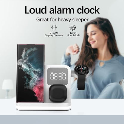 AYI 4in1 Multi Functional Wireless Charging Station with Digital Alarm Clock 15W Fast Charger Night Light Wireless Charger for All Qi Phone and Earbud Headphone Compliant with i-Watch-B22 White - color: Wireless Charger B22 White