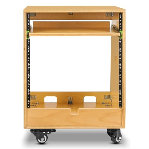 Sound Town DIY Slanted 10U Studio Rack (2U Top + 8U Lower), with 2U Bottom Storage, Slide-Out Tray, Caster, Plywood, Golden Oak For Recording Room, Home Studio (SDRK-ST10T) - size: 10U(2U Top + 8U Lower),Golden Oak