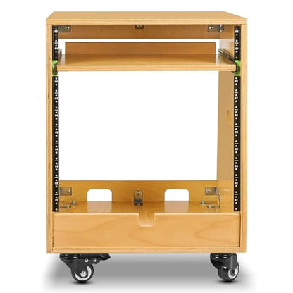 Sound Town DIY Slanted 10U Studio Rack (2U Top + 8U Lower), with 2U Bottom Storage, Slide-Out Tray, Caster, Plywood, Golden Oak For Recording Room, Home Studio (SDRK-ST10T) - size: 10U(2U Top + 8U Lower),Golden Oak