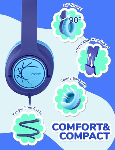 iClever 코드가 있는 아동용 헤드폰, 오버 이어 남아 여아 학교 여행용 | SafeSound Tech, 스테레오 사운드, 접이식, 조절 가능, 3.5mm 잭, 내구성, 학교용 경량 아동용 헤드폰, 네이비 블루 - color: E-네이비 블루