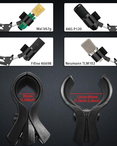 Upgraded Microphone Clip Holder, Universal Adjustable Microphone Holder for All Microphones Size at 32mm-60mm, with 5/8" to 3/8" Screw Adapter - 2 Pack