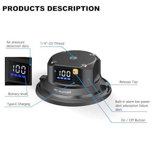 6" Electric Vacuum Suction Cup Camera Mount, ABS Car Mount for Camera/Action Camera/Phone, Heavy-Duty Vacuum Force for Car/Boat/Windshield/Window Mounts,Universal 1/4" Thread - size: 6"